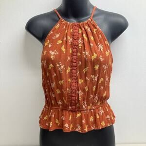 Hippie Rose Floral Halter Festival Top Brick Red Size M Crochet Trim